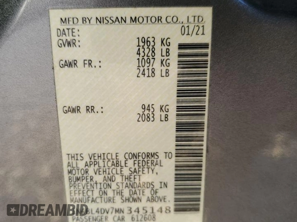 2021 Nissan Altima 2.5 SV with VIN 1N4BL4DV7MN345148, listed as a Copart auction lot 43736075 with 54,995 mi miles and Non Repairable. Bid and sale history available at carsss.com. Image 12.