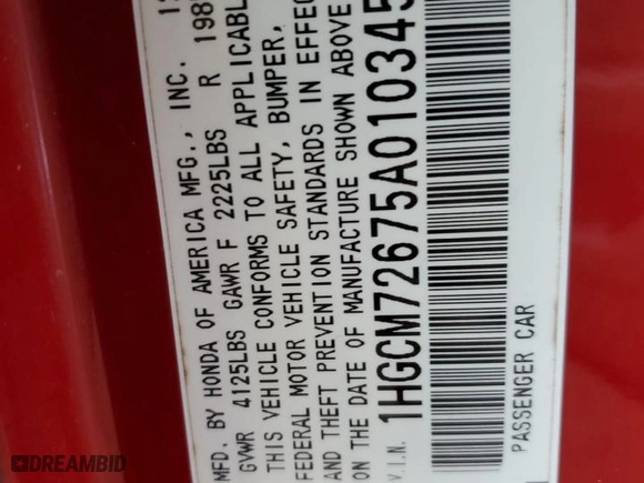 2005 Honda Accord Cpe EX-L with VIN 1HGCM72675A010345, listed as a Copart auction lot 42354725 with 0 mi miles and Salvage Title. Bid and sale history available at carsss.com. Image 12.