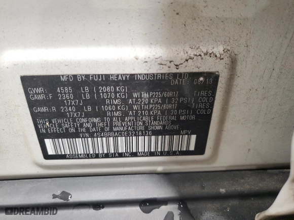 2014 Subaru Outback 2.5i with VIN 4S4BRBAC0E3218136, listed as a Copart auction lot 81554614 with 105,690 mi miles and Salvage Title. Bid and sale history available at carsss.com. Image 13.