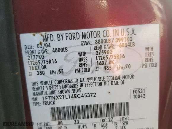 2004 Ford Super Duty F-250 XL with VIN 1FTNX21L14EC45372, listed as a Copart auction lot 43745835 with 288,130 mi miles and Salvage Title. Bid and sale history available at carsss.com. Image 12.