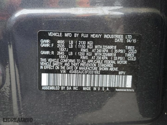 2015 Subaru Outback 2.5i Limited with VIN 4S4BSAJC3F3331692, listed as a Copart auction lot 54546965 with 229,322 mi miles and Salvage Title. Bid and sale history available at carsss.com. Image 13.
