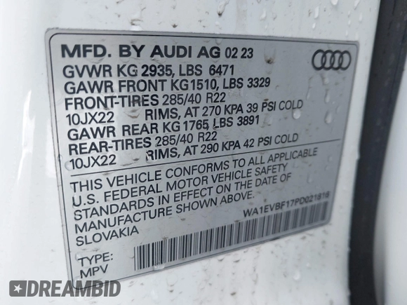 2023 Audi Q8 Premium Plus with VIN WA1EVBF17PD021816, listed as a IAAI auction lot 42024241 with 26,240 mi miles and . Bid and sale history available at DreamBid. Image 9.