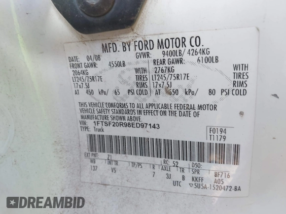 2008 Ford F-250 z VIN 1FTSF20R98ED97143, wystawiony jako IAAI lot #41637311 z przebiegiem 114 245 mil mil oraz . Historia ofert i sprzedaży dostępna na DreamBid. Obrazek 9.