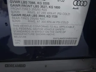 2022 Audi e-tron Premium Plus with VIN WA1LAAGE5NB022695, listed as a IAAI auction lot 41181338 with 14,711 mi miles and . Bid and sale history available at DreamBid. Image 9.