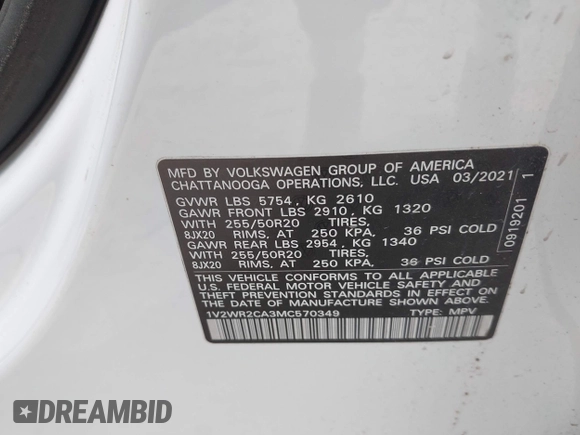 2021 Volkswagen Atlas SE with VIN 1V2WR2CA3MC570349, listed as a IAAI auction lot 42065993 with 83,362 mi miles and . Bid and sale history available at DreamBid. Image 9.