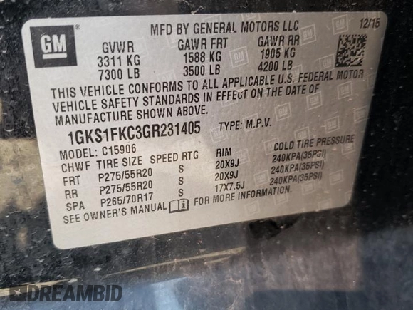 2016 GMC Yukon XL SLE with VIN 1GKS1FKC3GR231405, listed as a Copart auction lot 78096794 with 0 mi miles and Salvage Title. Bid and sale history available at carsss.com. Image 13.