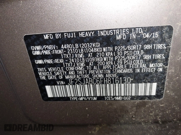 2015 Subaru Forester 2.5i with VIN JF2SJABC6FH816130, listed as a IAAI auction lot 42581583 with 108,478 mi miles and . Bid and sale history available at DreamBid. Image 9.