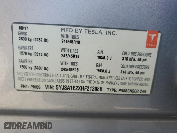 2017 Tesla Model S 100D z VIN 5YJSA1E2XHF213086, wystawiony jako Copart lot #53780875 z przebiegiem 34 205 mil mil oraz Szkoda całkowita • Salvage title. Historia ofert i sprzedaży dostępna na DreamBid. Obrazek 13.