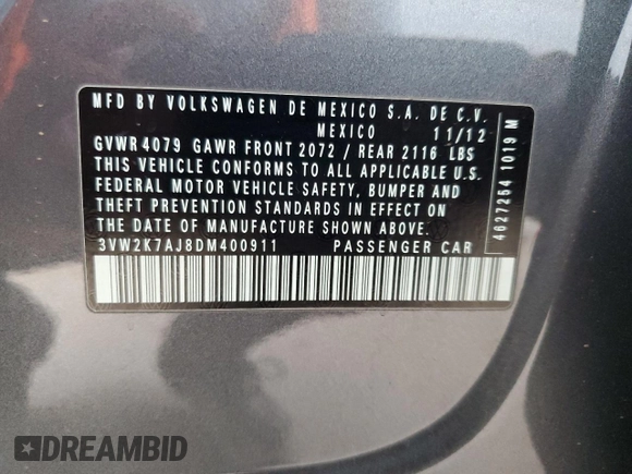 2013 Volkswagen Jetta S with VIN 3VW2K7AJ8DM400911, listed as a Copart auction lot 63826825 with 127,617 mi miles and Salvage title. Bid and sale history available at DreamBid. Image 12.