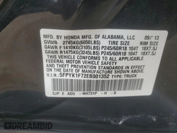 2014 Honda Ridgeline Sport with VIN 5FPYK1F72EB001352, listed as a Copart auction lot 57824745 with 54,409 mi miles and Salvage title. Bid and sale history available at DreamBid. Image 13.