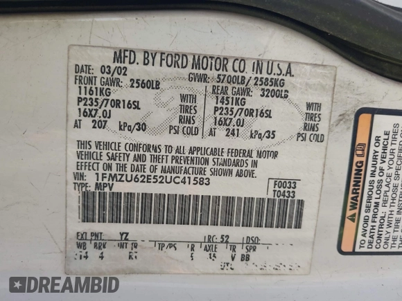 2002 Ford Explorer XLS с VIN 1FMZU62E52UC41583, выставлен на аукционе IAAI как лот 42433804 с пробегом 201 611 миль миль и . История ставок и продаж доступна на DreamBid. Изображение 9.
