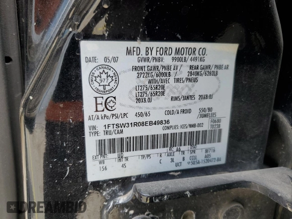 2008 Ford F-350 XL with VIN 1FTSW31R08EB49836, listed as a Copart auction lot 50915895 with 273,563 mi miles and Salvage Title. Bid and sale history available at DreamBid. Image 12.