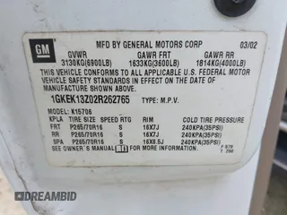 2002 GMC Yukon SLT z VIN 1GKEK13Z02R262765, wystawiony jako IAAI lot #42398655 z przebiegiem 269 674 mil mil oraz . Historia ofert i sprzedaży dostępna na DreamBid. Obrazek 9.