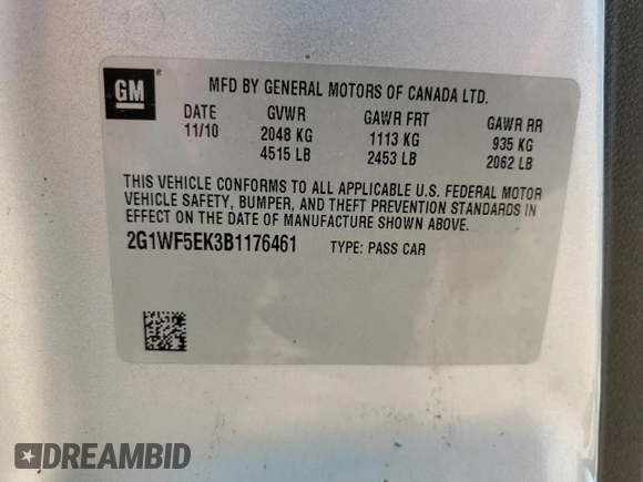 2011 Chevrolet Impala LS Fleet with VIN 2G1WF5EK3B1176461, listed as a Copart auction lot 55818795 with 114,519 mi miles and Clean Title. Bid and sale history available at DreamBid. Image 12.