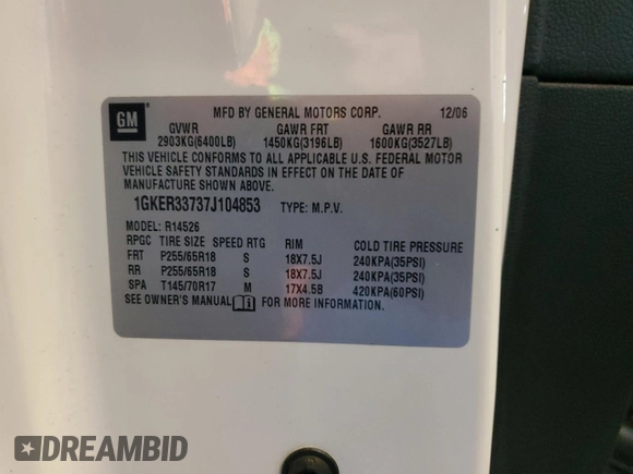 2007 GMC Acadia SLT z VIN 1GKER33737J104853, wystawiony jako Copart lot #84015424 z przebiegiem 155 701 mil mil oraz Szkoda całkowita • Salvage title. Historia ofert i sprzedaży dostępna na DreamBid. Obrazek 14.
