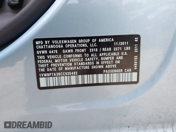 2012 Volkswagen Passat SE z VIN 1VWBP7A35CC025482, wystawiony jako IAAI lot #42280415 z przebiegiem 152 030 mil mil oraz . Historia ofert i sprzedaży dostępna na DreamBid. Obrazek 9.