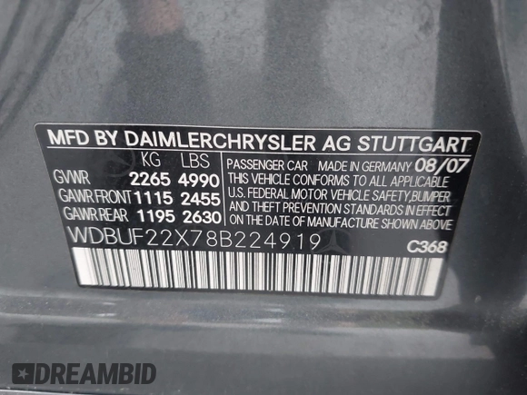 2008 Mercedes-Benz E-Class 3.0L with VIN WDBUF22X78B224919, listed as a IAAI auction lot 42106087 with 274,844 mi miles. Bid and sale history available at carsss.com. Image 9.
