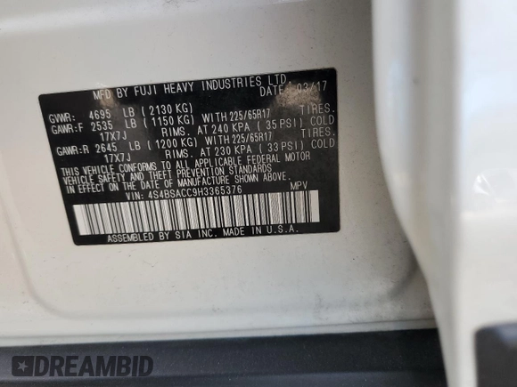 2017 Subaru Outback Premium with VIN 4S4BSACC9H3365376, listed as a Copart auction lot 58941615 with 56,552 mi miles and Salvage title. Bid and sale history available at DreamBid. Image 13.