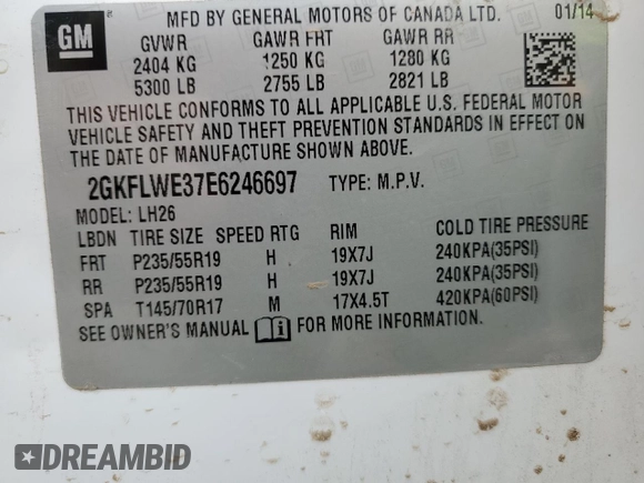 2014 GMC Terrain SLE with VIN 2GKFLWE37E6246697, listed as a Copart auction lot 69947114 with Not provided miles and Salvage title. Bid and sale history available at DreamBid. Image 15.