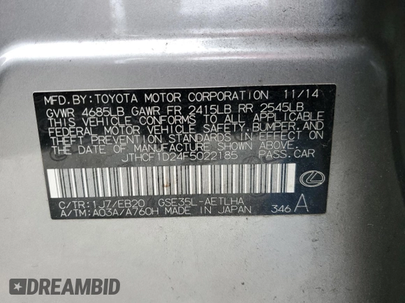 2015 Lexus IS 250 with VIN JTHCF1D24F5022185, listed as a Copart auction lot 62381605 with 92,080 mi miles and Salvage title. Bid and sale history available at DreamBid. Image 12.