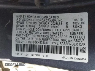 2019 Honda Civic Sport with VIN 2HGFC2F80KH575080, listed as a IAAI auction lot 42316550 with 147,716 mi miles and . Bid and sale history available at DreamBid. Image 9.