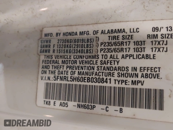 2014 Honda Odyssey EX-L with VIN 5FNRL5H60EB030841, listed as a IAAI auction lot 42271401 with 107,343 mi miles and . Bid and sale history available at DreamBid. Image 9.