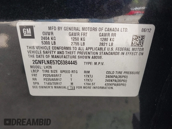 2012 Chevrolet Equinox LT w/2LT with VIN 2GNFLNE57C6384445, listed as a IAAI auction lot 41887912 with 95,688 mi miles. Bid and sale history available at carsss.com. Image 9.