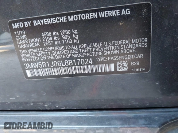 2020 BMW 3 Series 330i с VIN 3MW5R1J06L8B17024, выставлен на аукционе IAAI как лот 41846889 с пробегом 21 217 миль миль и . История ставок и продаж доступна на DreamBid. Изображение 9.