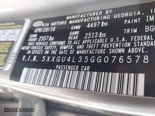 2016 Kia Optima EX with VIN 5XXGU4L35GG076578, listed as a IAAI auction lot 41770838 with 75,918 mi miles. Bid and sale history available at carsss.com. Image 9.