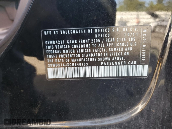 2012 Volkswagen Jetta Sedan SE w/Convenience with VIN 3VWDX7AJXCM340753, listed as a Copart auction lot 88157945 with 225,680 mi miles and Salvage Title. Bid and sale history available at carsss.com. Image 12.