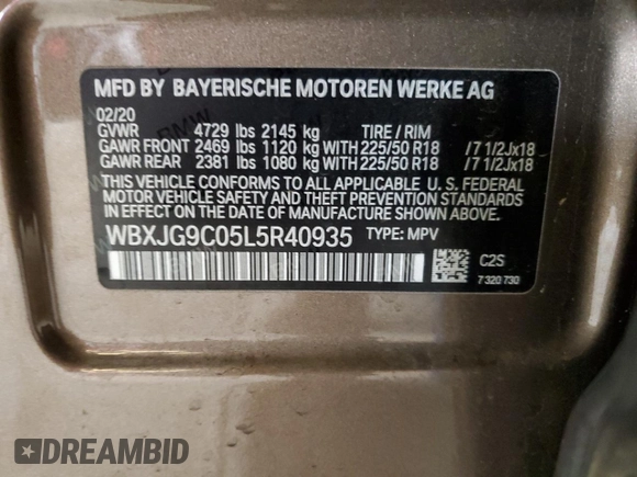 2020 BMW X1 xDrive28i with VIN WBXJG9C05L5R40935, listed as a Copart auction lot 47145335 with 46,554 mi miles and Salvage Title. Bid and sale history available at carsss.com. Image 13.