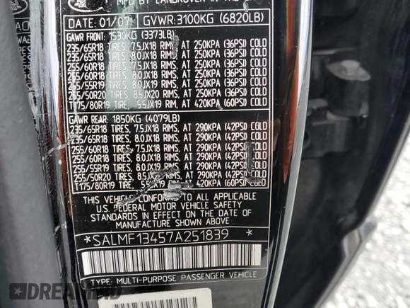 2007 Land Rover Range Rover SC z VIN SALMF13457A251839, wystawiony jako Copart lot #49002765 z przebiegiem 230 601 mil mil oraz Szkoda całkowita • Salvage title. Historia ofert i sprzedaży dostępna na DreamBid. Obrazek 14.