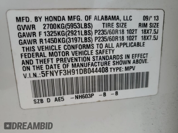 2013 Honda Pilot Touring with VIN 5FNYF3H91DB044408, listed as a Copart auction lot 60493765 with 131,986 mi miles and Salvage title. Bid and sale history available at DreamBid. Image 13.