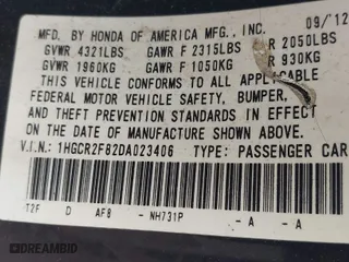2013 Honda Accord Sdn EX-L with VIN 1HGCR2F82DA023406, listed as a IAAI auction lot 41801860 with 174,322 mi miles. Bid and sale history available at carsss.com. Image 9.