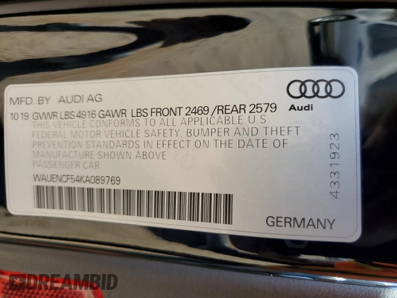 2019 Audi A5 Sportback Premium Plus with VIN WAUENCF54KA089769, listed as a Copart auction lot 76754793 with 26,426 mi miles. Bid and sale history available at carsss.com. Image 14.