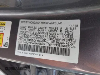 2019 Honda Accord EX with VIN 1HGCV1F44KA008325, listed as a IAAI auction lot 42168255 with 87,541 mi miles and . Bid and sale history available at DreamBid. Image 9.