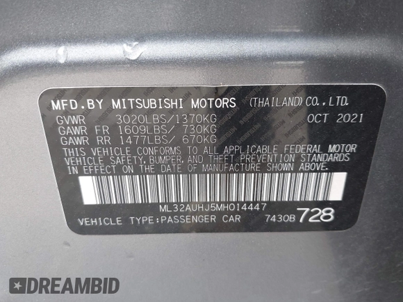 2021 Mitsubishi Mirage ES z VIN ML32AUHJ5MH014447, wystawiony jako IAAI lot #42429043 z przebiegiem 54 147 mil mil oraz . Historia ofert i sprzedaży dostępna na DreamBid. Obrazek 9.