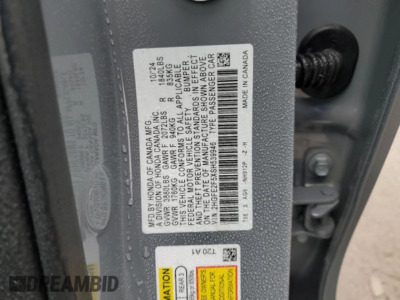 2025 Honda Civic Sport with VIN 2HGFE2F5XSH539946, listed as a Copart auction lot 43570535 with 5,027 mi miles and Salvage Title. Bid and sale history available at carsss.com. Image 14.