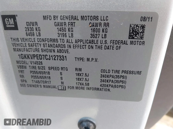 2012 GMC Acadia SLE with VIN 1GKKVPED7CJ127331, listed as a IAAI auction lot 41893081 with 167,421 mi miles. Bid and sale history available at carsss.com. Image 9.