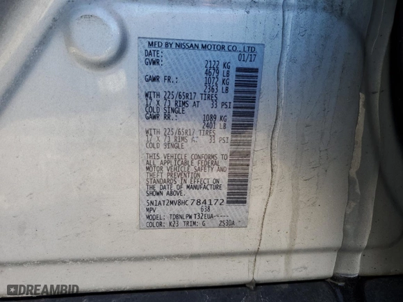 2017 Nissan Rogue SV with VIN 5N1AT2MV8HC784172, listed as a Copart auction lot 46025765 with 88,917 mi miles and Salvage Title. Bid and sale history available at carsss.com. Image 13.