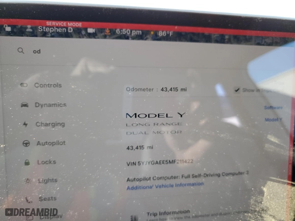 2021 Tesla Model Y Long Range with VIN 5YJYGAEE5MF211422, listed as a Copart auction lot 50157885 with 43,415 mi miles and Salvage Title. Bid and sale history available at carsss.com. Image 9.