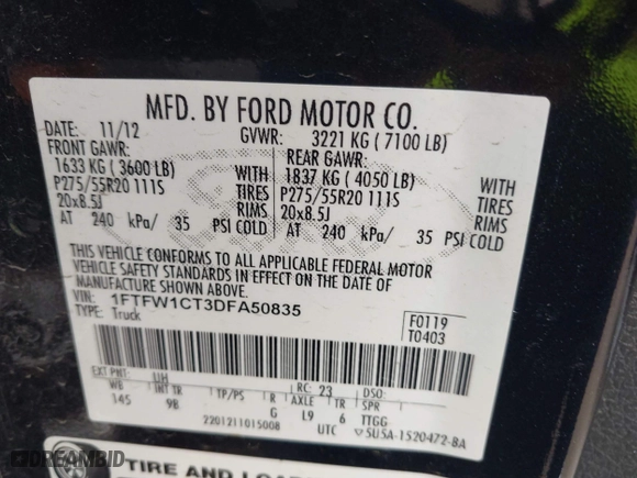 2013 Ford F-150 XL with VIN 1FTFW1CT3DFA50835, listed as a IAAI auction lot 41920298 with 220,490 mi miles. Bid and sale history available at carsss.com. Image 9.