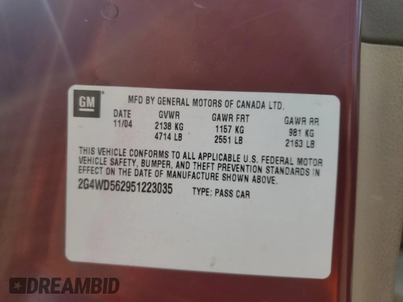 2005 Buick LaCrosse CXL z VIN 2G4WD562951223035, wystawiony jako Copart lot #53126745 z przebiegiem 123 327 mil mil oraz Szkody całkowita. Historia ofert i sprzedaży dostępna na DreamBid. Obrazek 12.