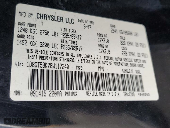 2008 Dodge Nitro SLT with VIN 1D8GT58K78W117240, listed as a Copart auction lot 82433244 with 245,392 mi miles and Salvage Title. Bid and sale history available at DreamBid. Image 13.