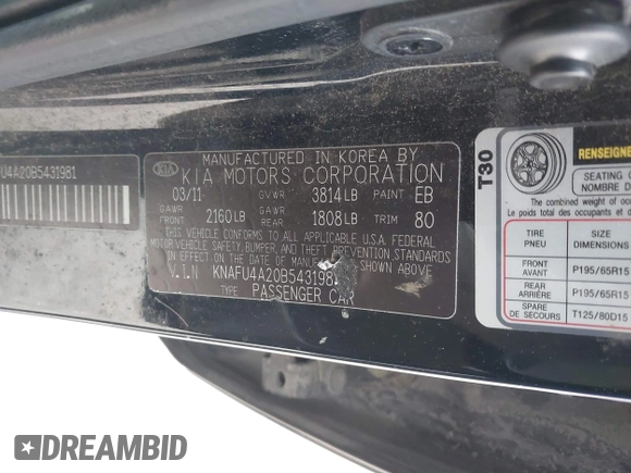 2011 Kia Forte EX with VIN KNAFU4A20B5431981, listed as a IAAI auction lot 41230777 with 143,219 mi miles. Bid and sale history available at carsss.com. Image 9.
