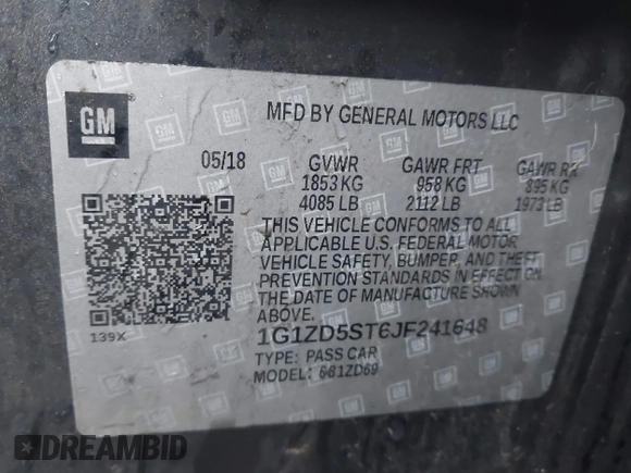 2018 Chevrolet Malibu LT with VIN 1G1ZD5ST6JF241648, listed as a IAAI auction lot 41421652 with 100,748 mi miles. Bid and sale history available at carsss.com. Image 9.