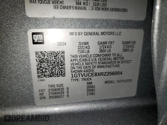 2024 GMC Sierra 1500 with VIN 1GTVUCE8XRZ256004, listed as a Copart auction lot 55616775 with 13,771 mi miles and Salvage Title. Bid and sale history available at DreamBid. Image 12.