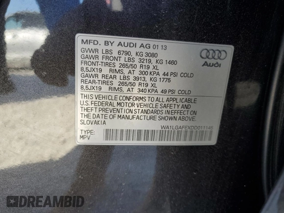 2013 Audi Q7 3.0T Premium Plus with VIN WA1LGAFEXDD011145, listed as a Copart auction lot 49689065 with 147,797 mi miles and Clean Title. Bid and sale history available at carsss.com. Image 12.