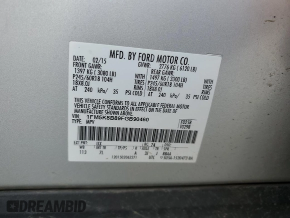 2015 Ford Explorer with VIN 1FM5K8B89FGB90460, listed as a Copart auction lot 50580815 with 112,684 mi miles and Salvage title. Bid and sale history available at DreamBid. Image 13.