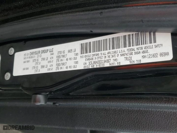 2014 Ram 1500 Tradesman with VIN 3C6JR6AG5EG184967, listed as a Copart auction lot 51135885 with 106,577 mi miles and Clean Title. Bid and sale history available at carsss.com. Image 12.